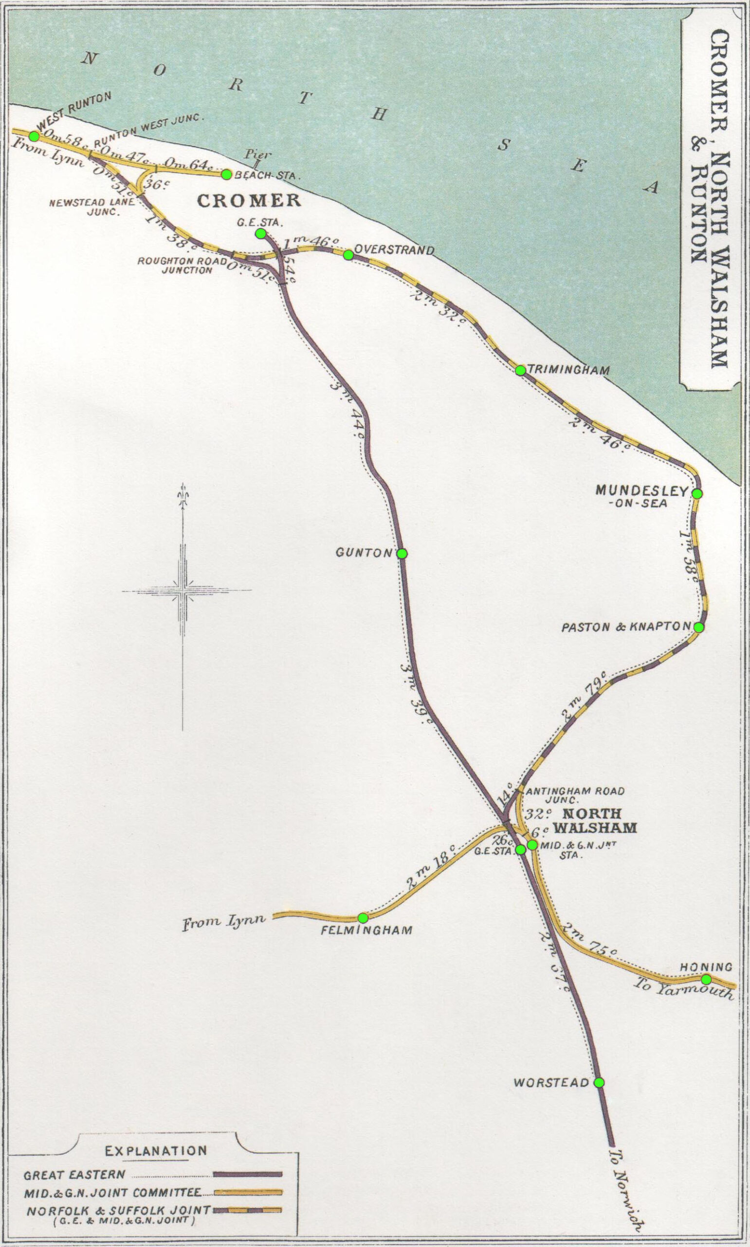 Map showing North Walsham to Cromer railways