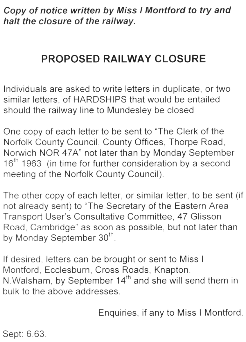 Copy of written notice by Miss Montford to prevent closure of the railway