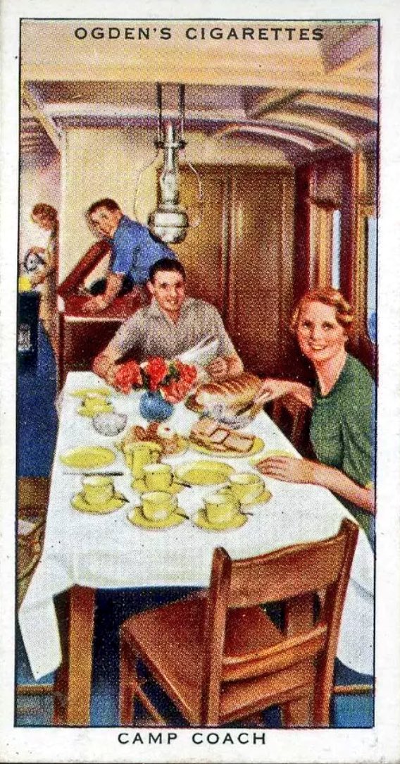 One of a series of cigarette cards issued by Ogden’s Tobacco in the 1930s, showing a rather jolly, staged impression of the interior of a GWR Camp Coach.
